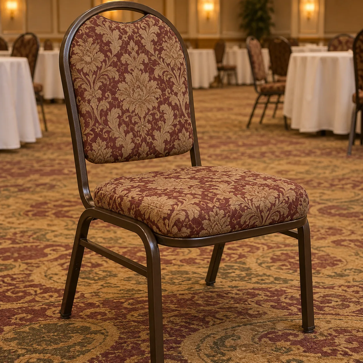A banquet chair seat in dated fabric before reupholstery