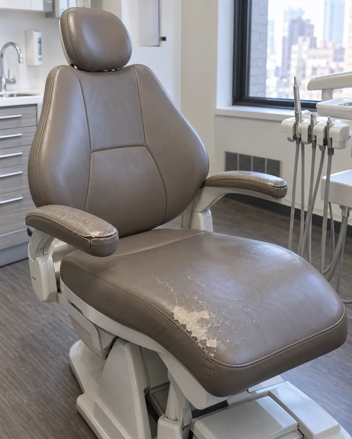 A taupe dental chair with peeling seat vinyl