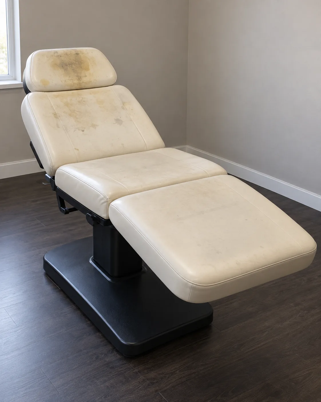 A facial bed with a stained cream top