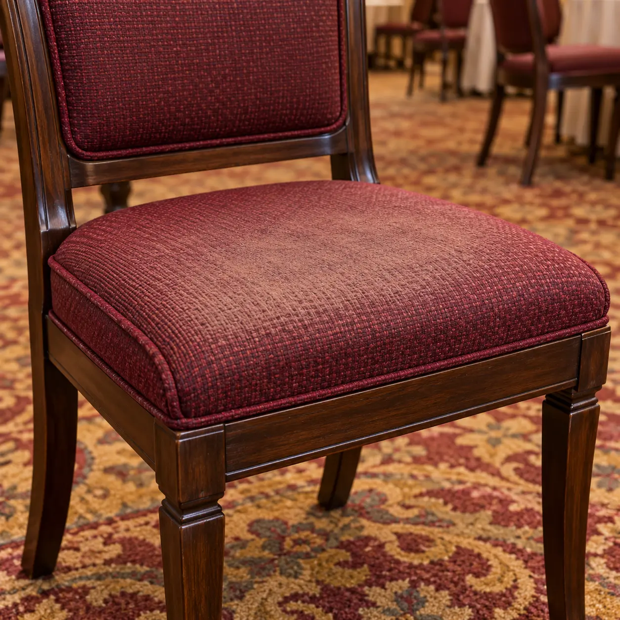 Faded banquet chair seat fabric before restoration