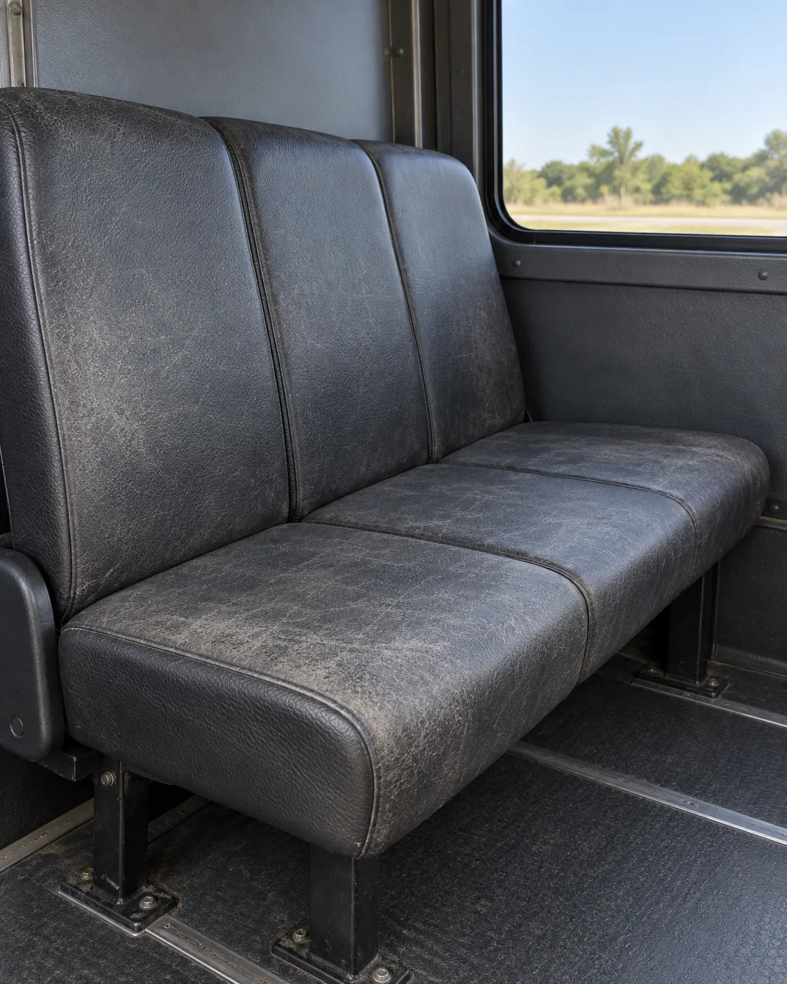 A faded, chalky vinyl bench seat