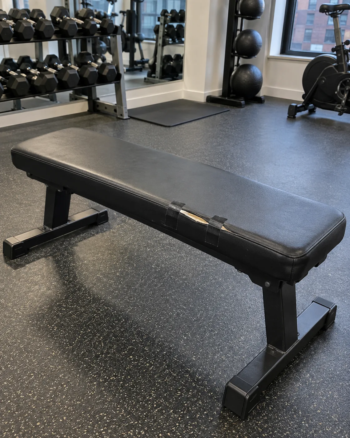 A black vinyl gym bench with a split seat
