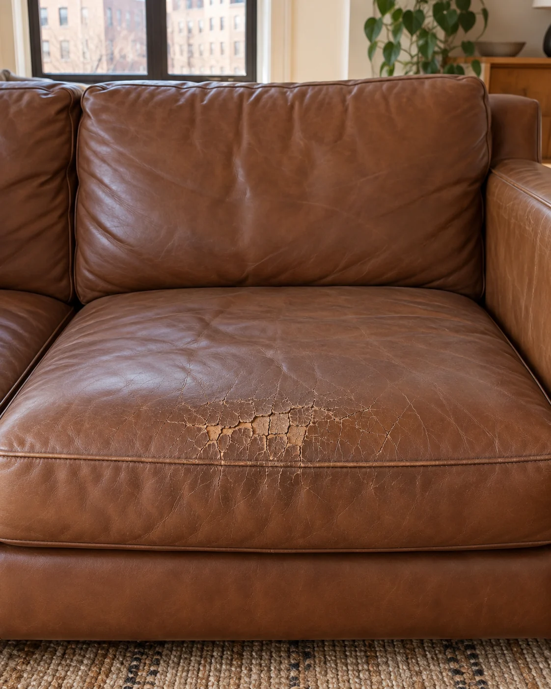 Cognac sofa with a cracked seat