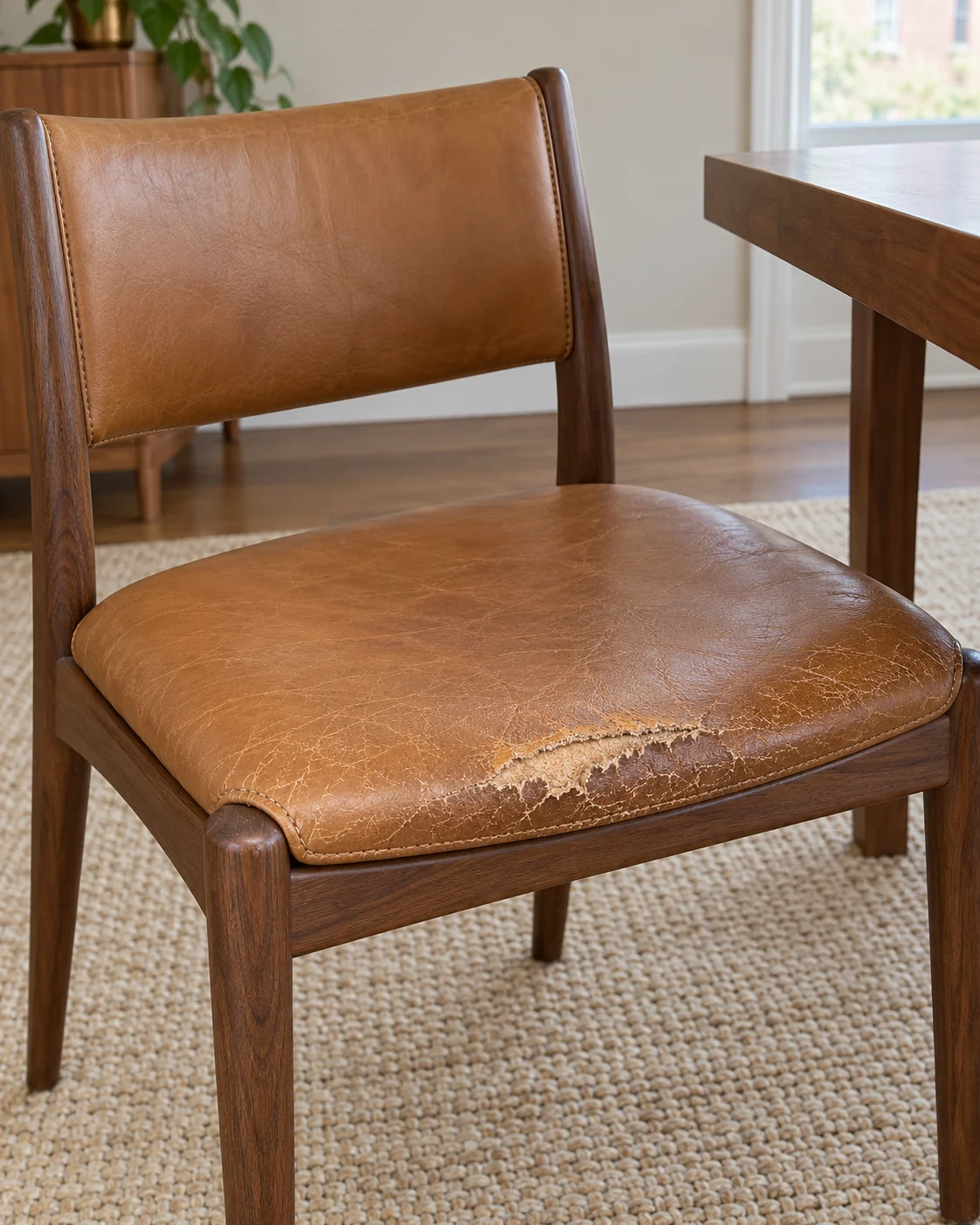 Worn cognac dining chair