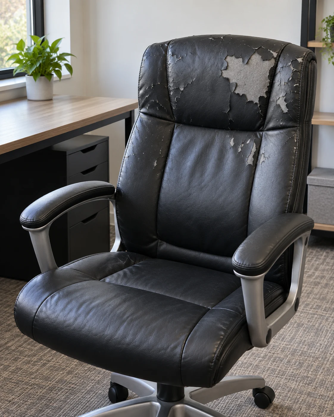 Black office chair peeling, before