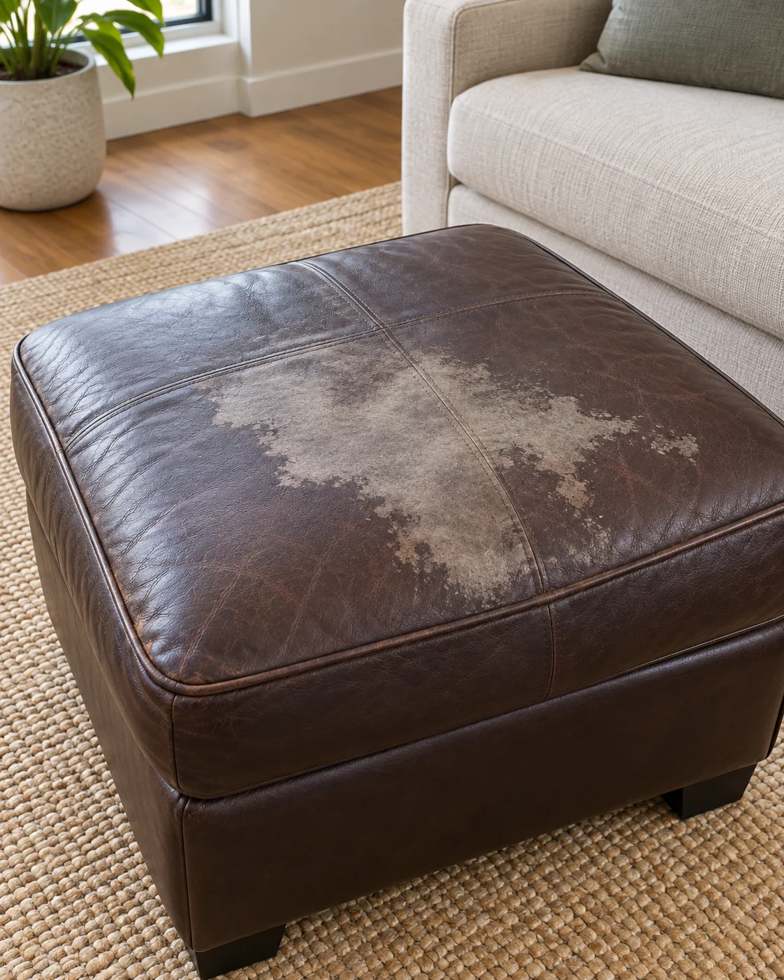 Stained dark leather ottoman