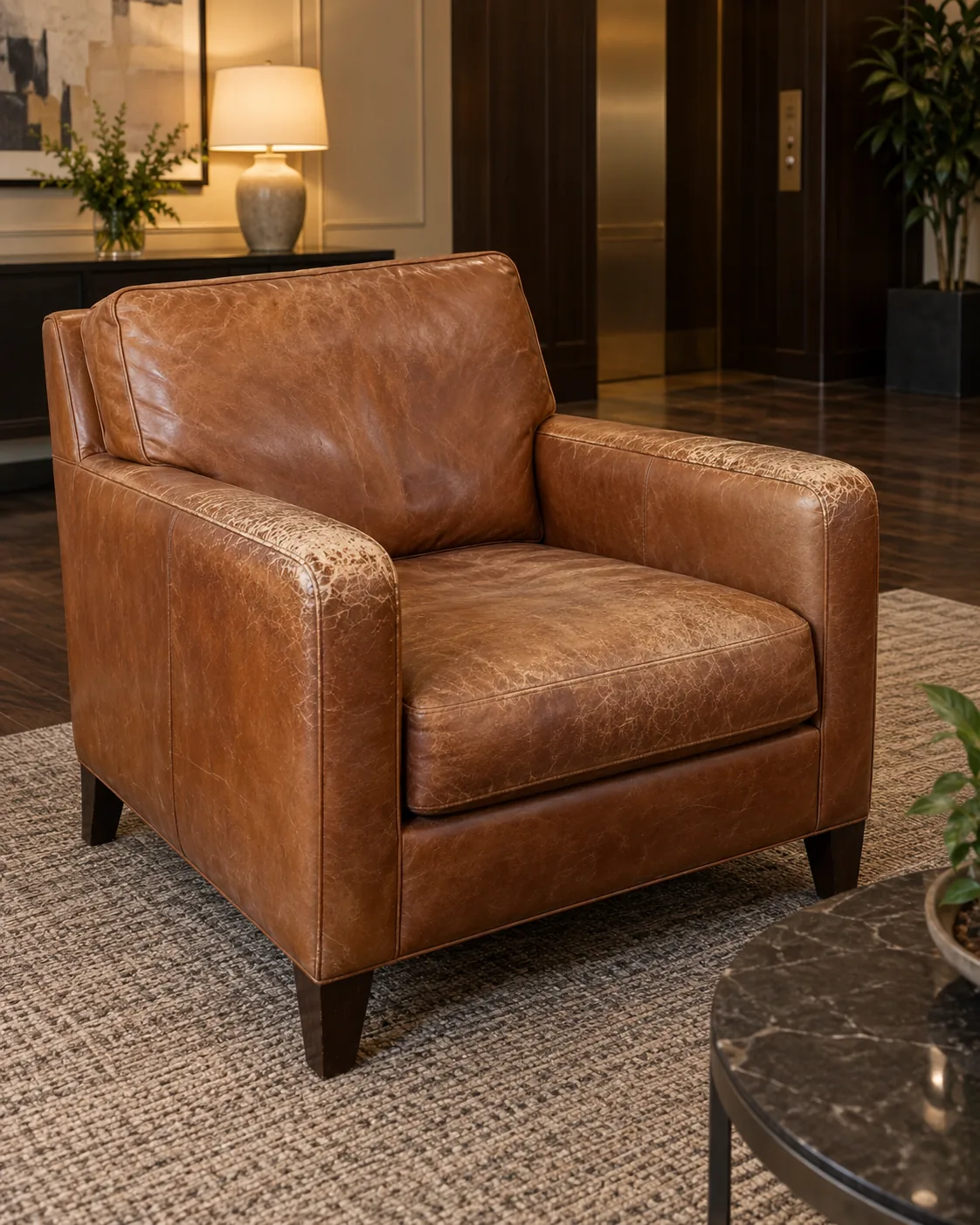 A faded leather lobby armchair with cracked arms