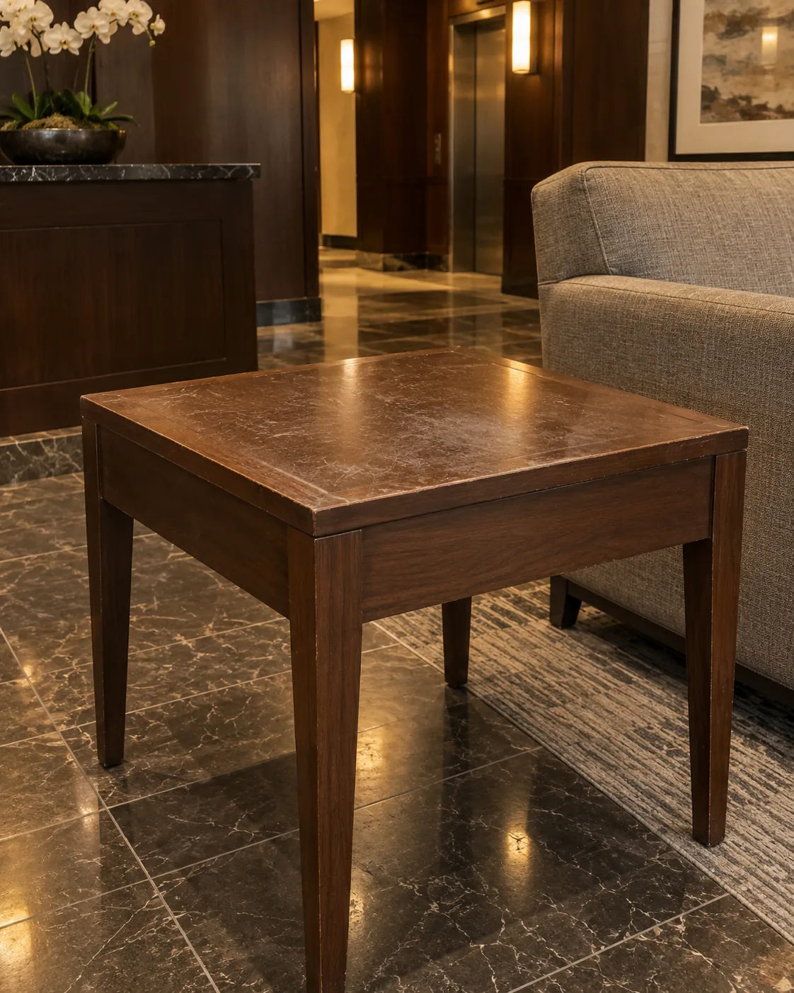 Lobby table with a scratched top