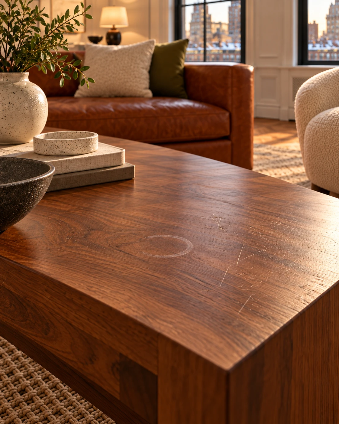 A walnut coffee table top with key scratches and a water ring