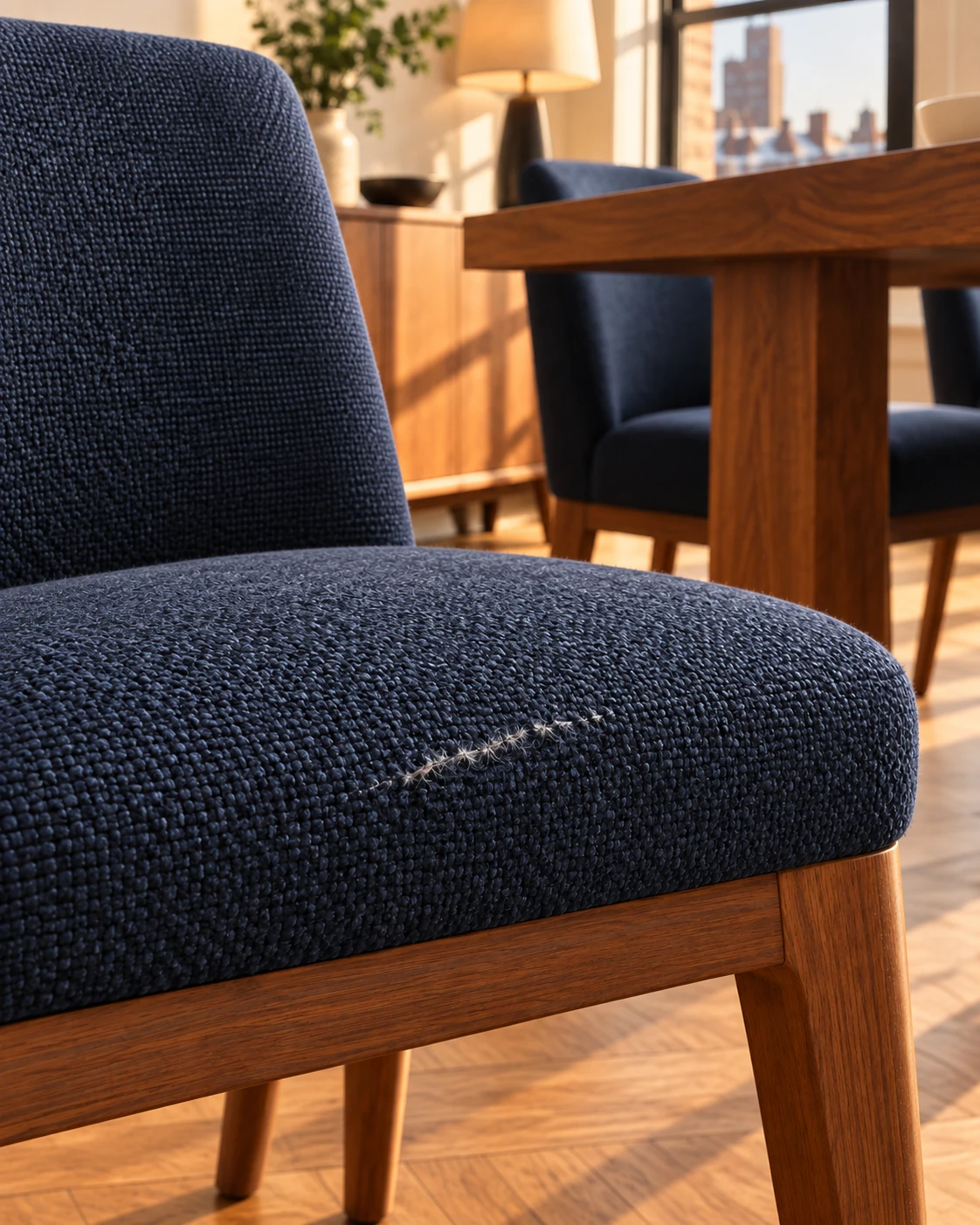 A navy dining chair seat with a fuzzed scrape