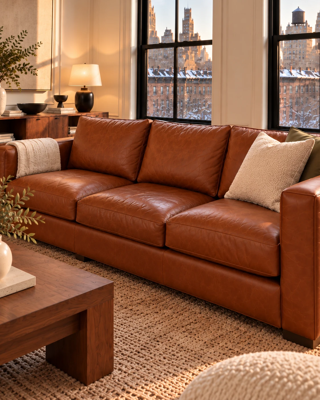 A cognac sofa cushion worn shiny and sitting low
