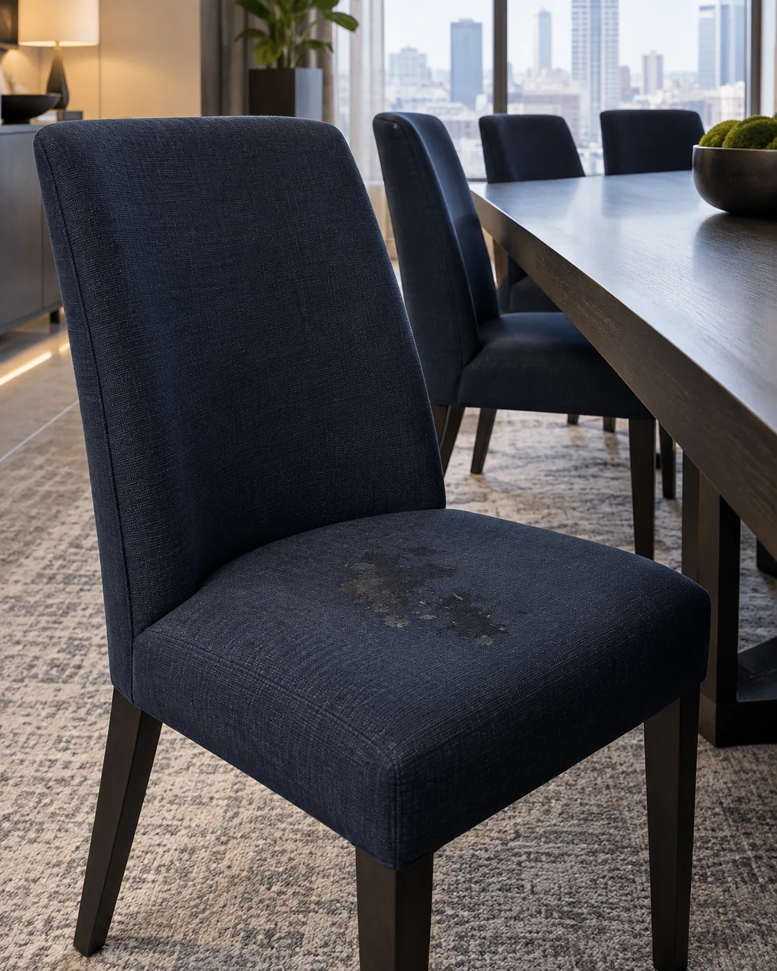 A navy dining chair with a stained seat