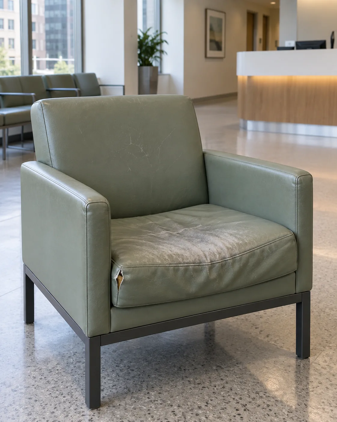 A sage lounge chair with a worn, scuffed seat cushion