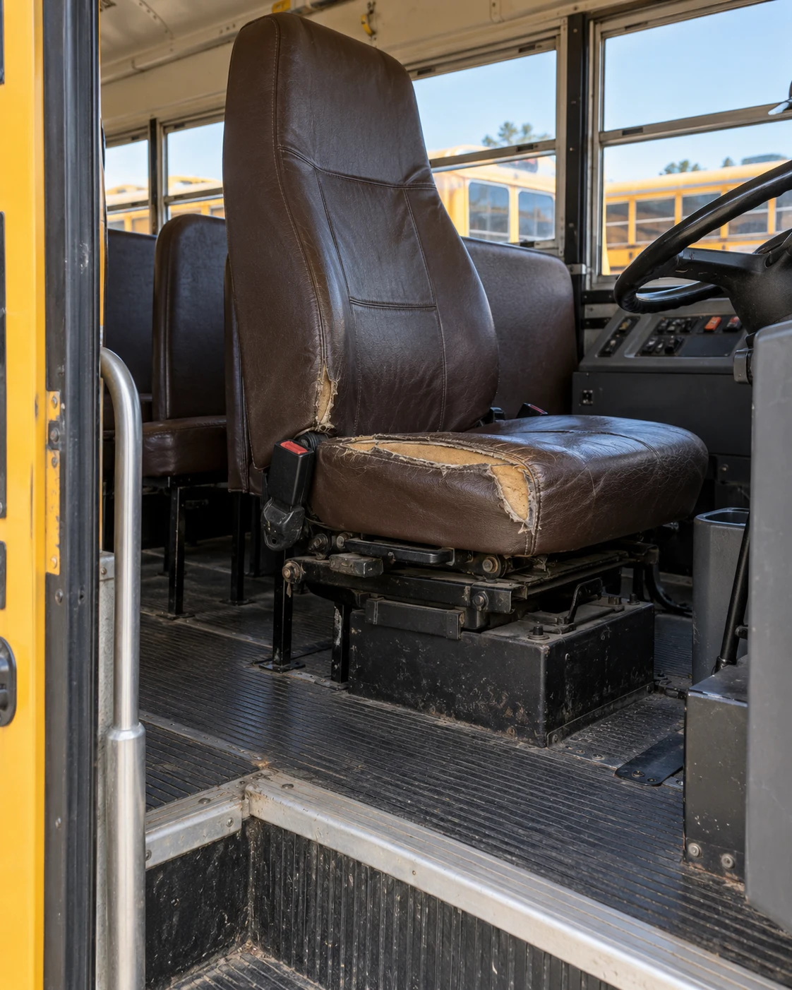 A school bus driver seat worn through on the bolster