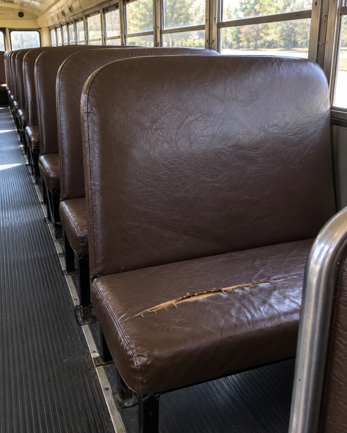 A brown school bus bench seat with a long slash