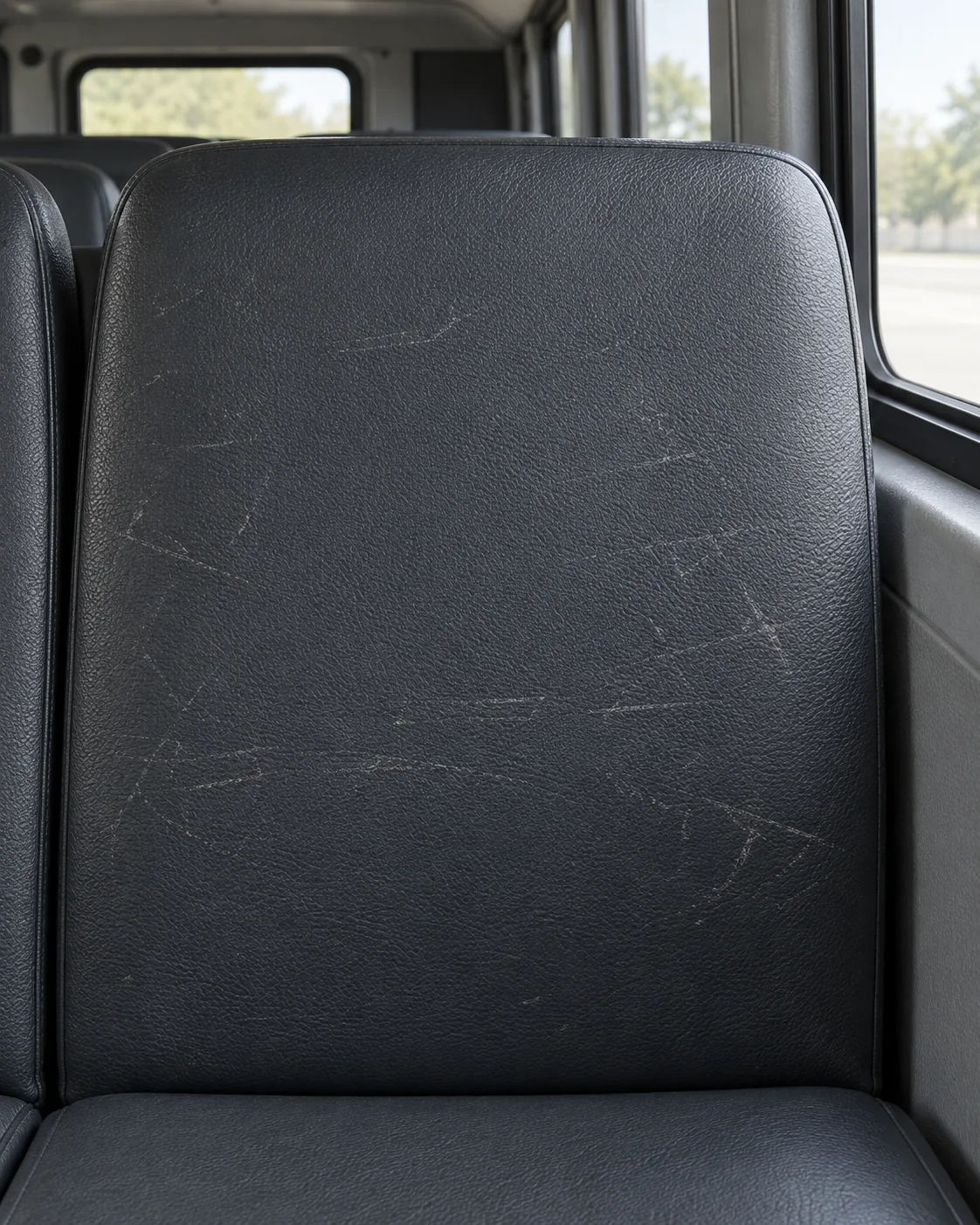 A vinyl seat back covered in scuffs