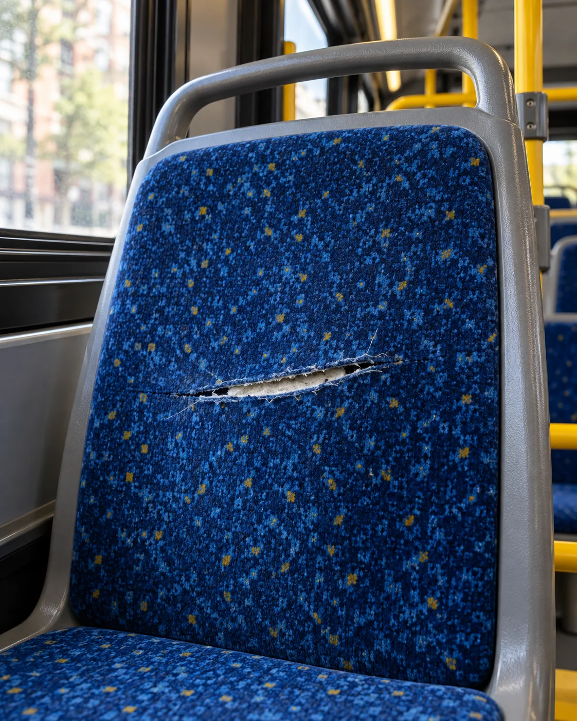 A transit bus seat with a slash across the back