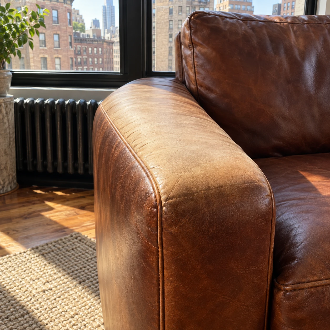 A sun-faded leather sofa arm before recoloring