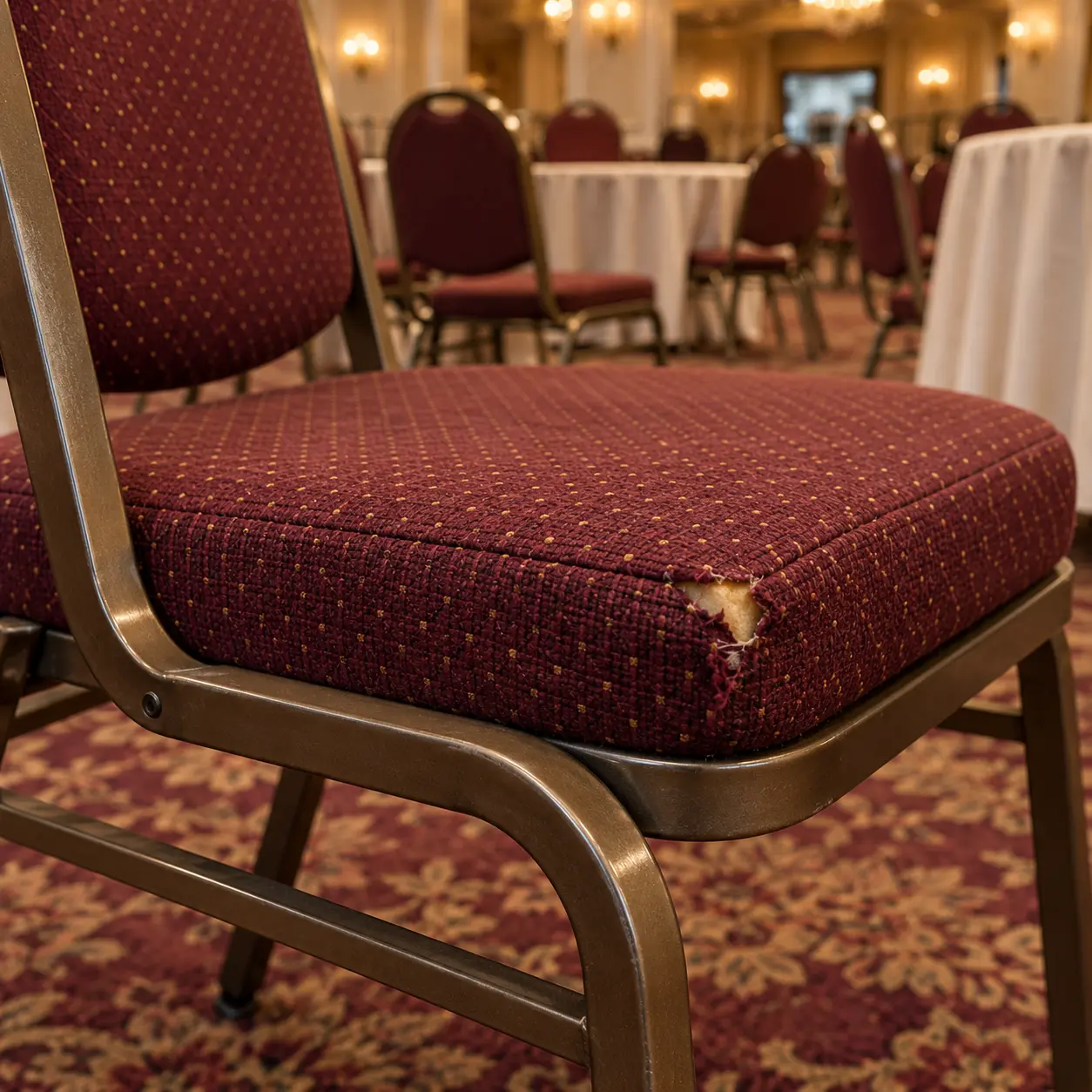 A torn banquet chair seat before repair
