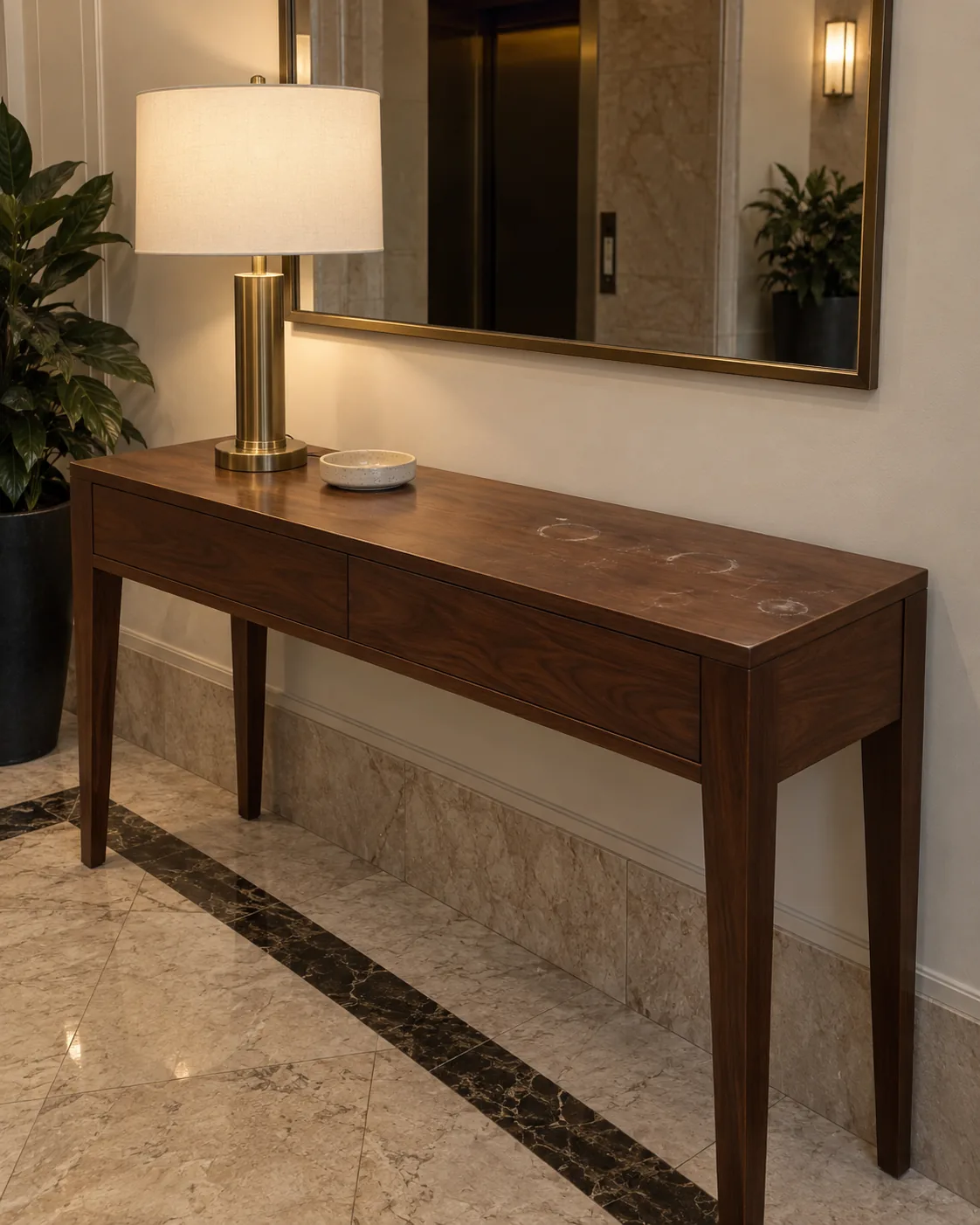 A walnut lobby console with water rings