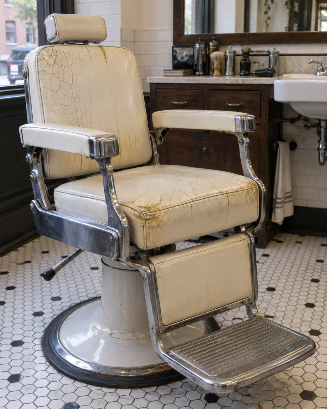 A vintage white barber chair with yellowed, cracked vinyl
