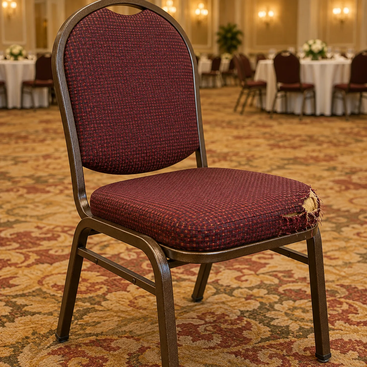 A worn banquet chair seat fabric before reupholstery