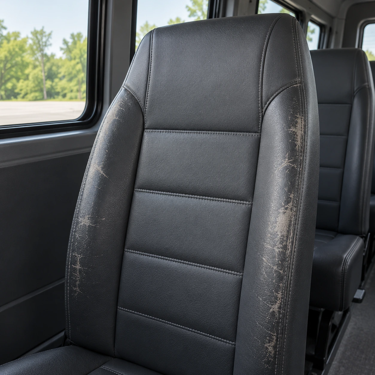 A worn fleet seat back before reupholstery