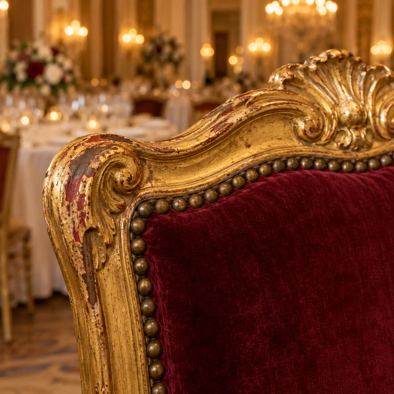 A worn gilt banquet chair frame before restoration