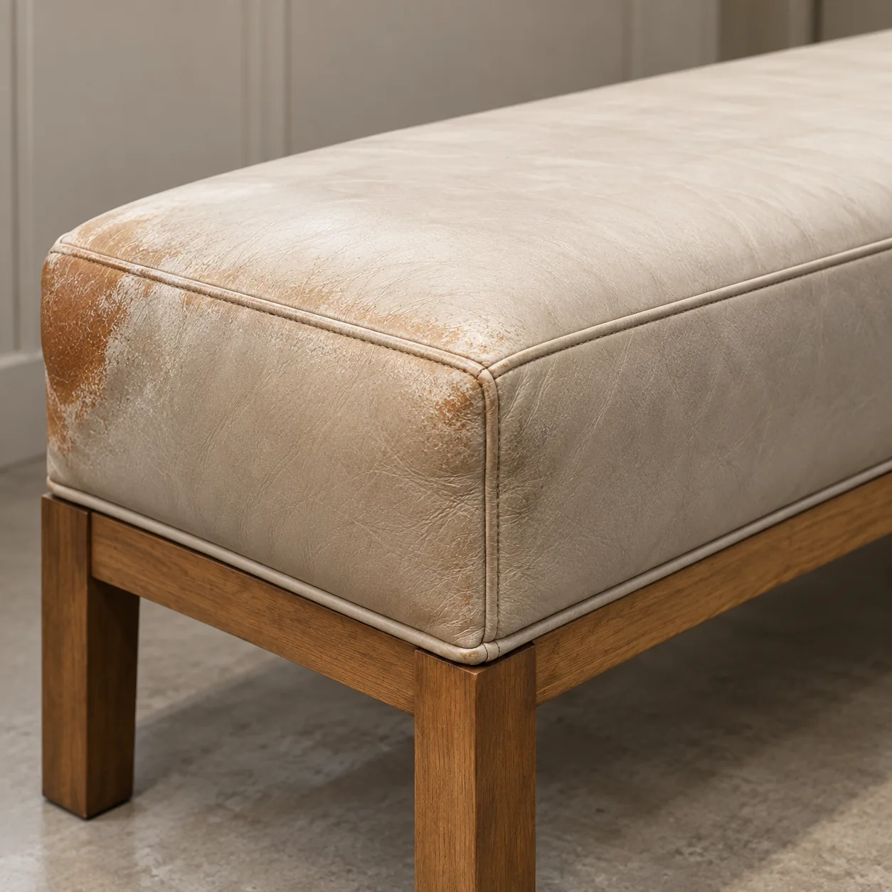 Beige bench on a light wood frame finished with a protective topcoat