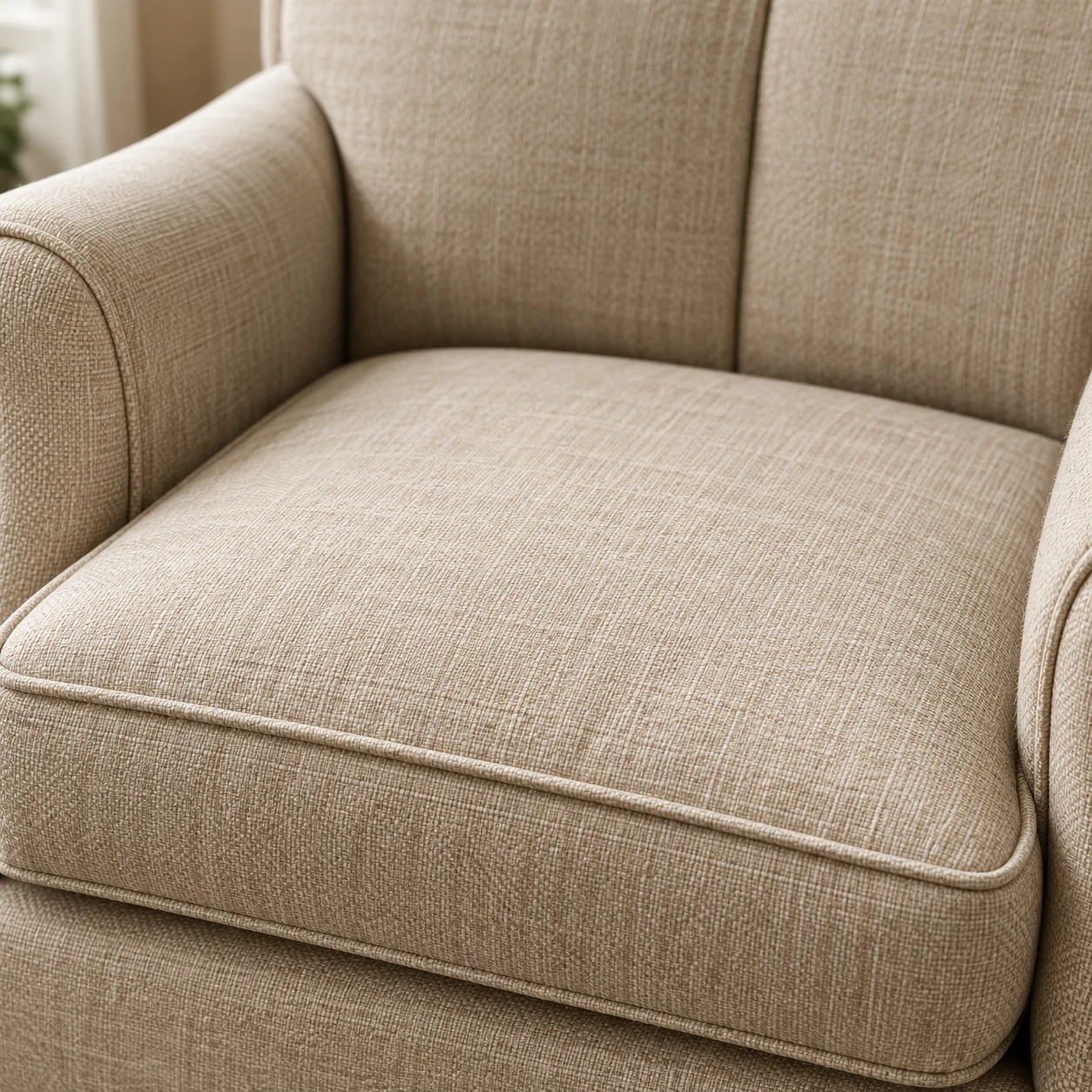 Beige linen armchair seat with a welted waterfall front edge after reupholstery