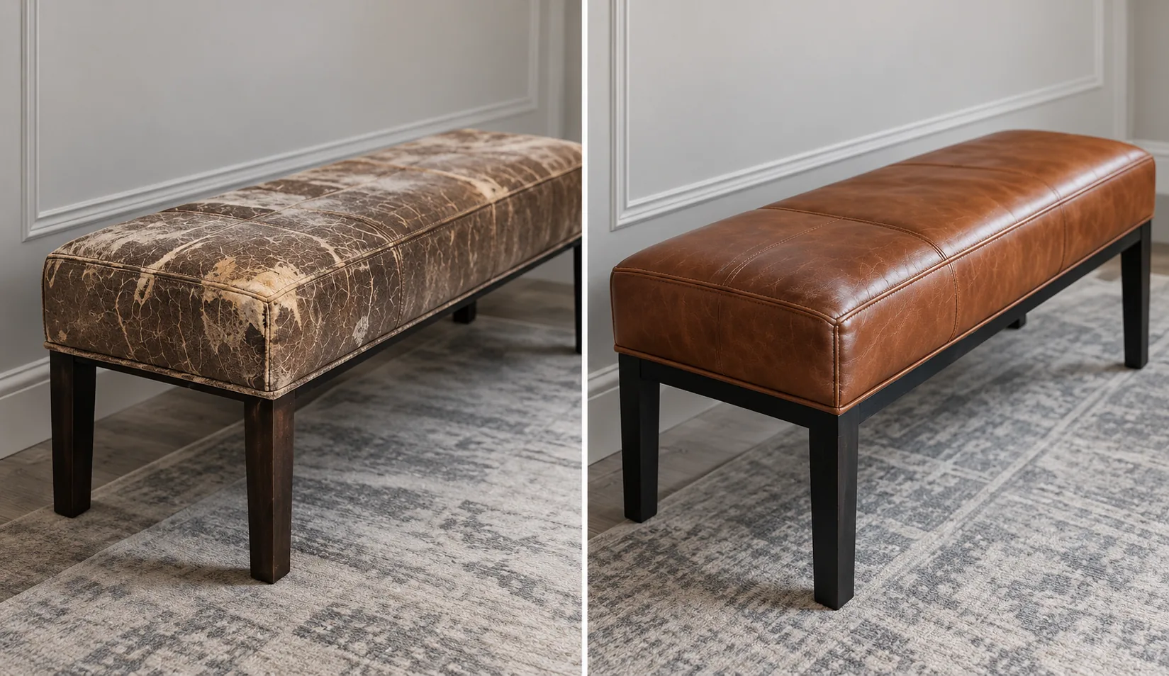 Bench top, before and after: a crazed and flaking dark finish, then a smooth cognac surface