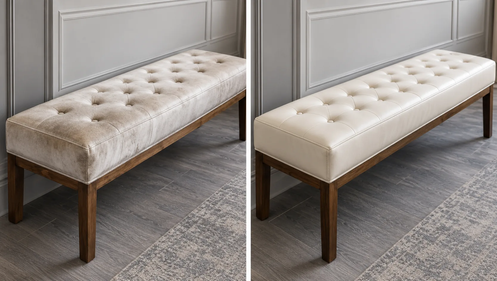 Cream tufted bench before and after cleaning
