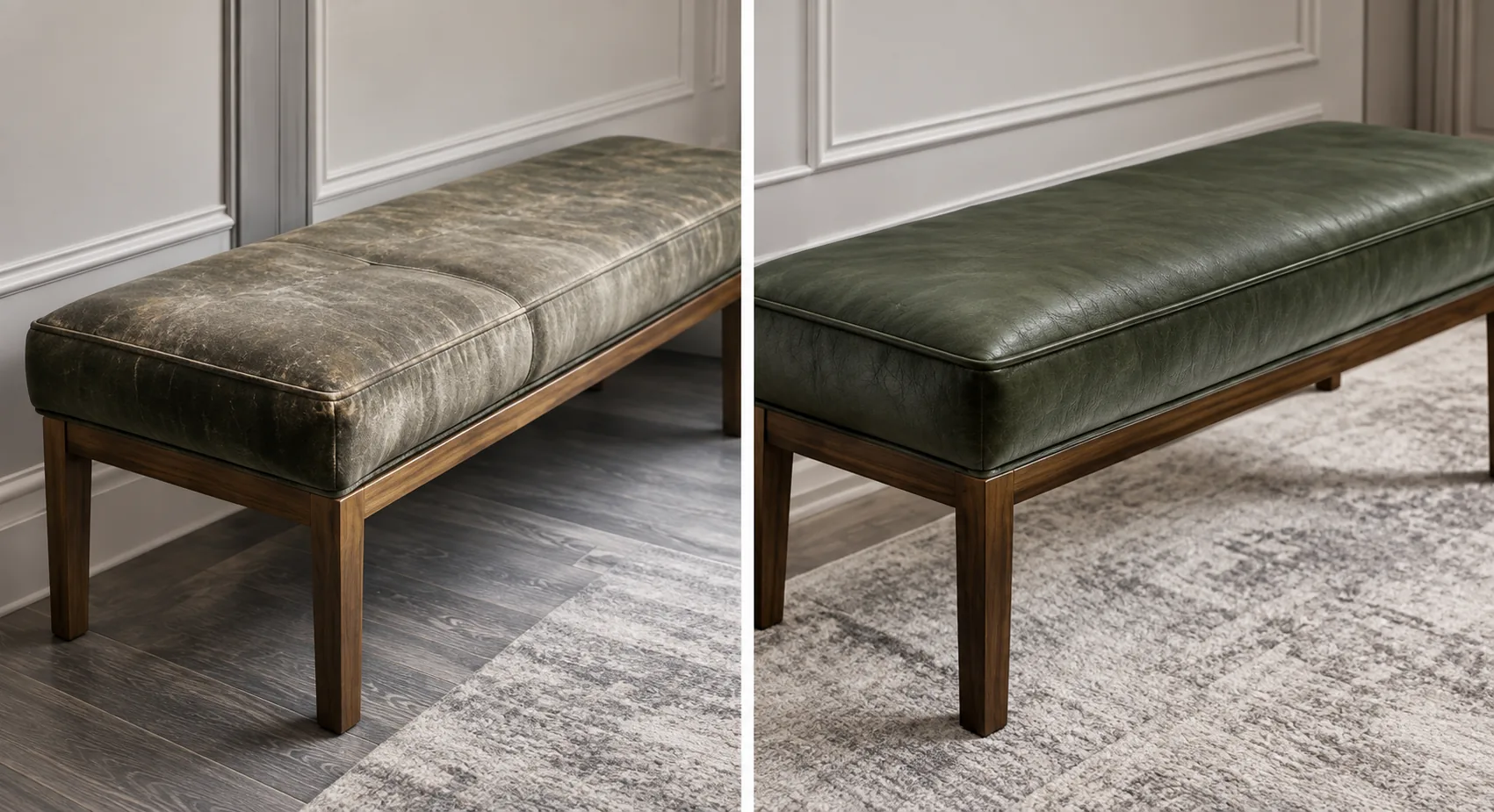 Olive green bench, before and after: a bloomed and abraded top, then an even deep olive surface