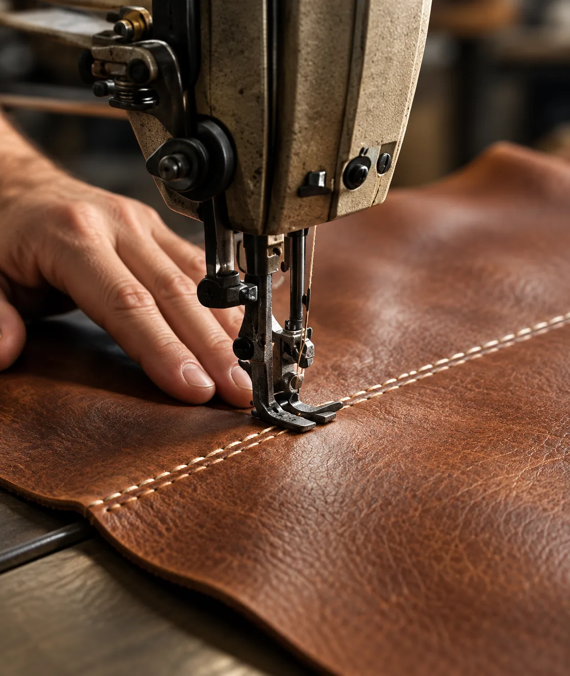 Sewing machine stitching a leather panel