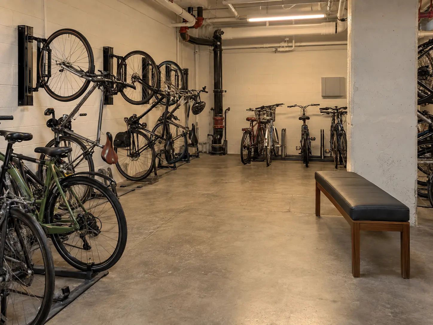 A bench in a building bike room
