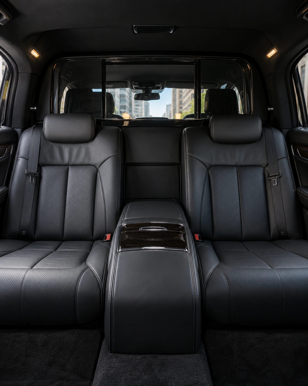 The dark leather rear bench of a black car
