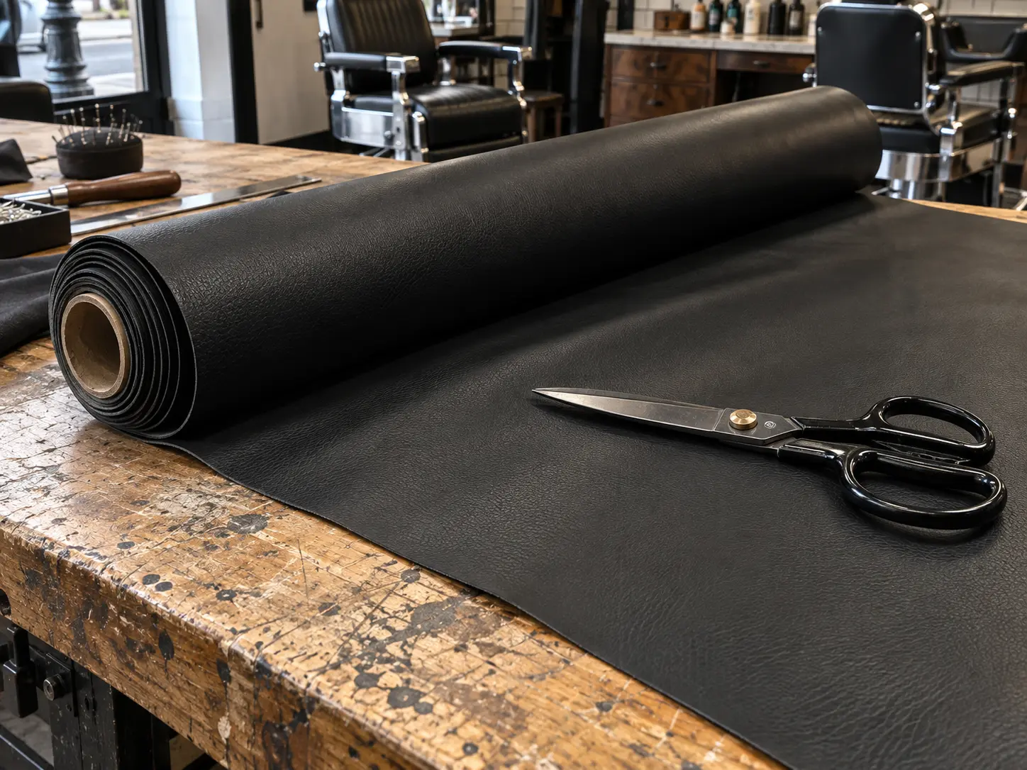A roll of black commercial vinyl on a cutting bench