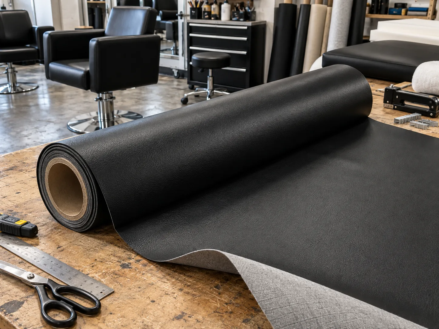 A roll of black commercial vinyl for salon chairs