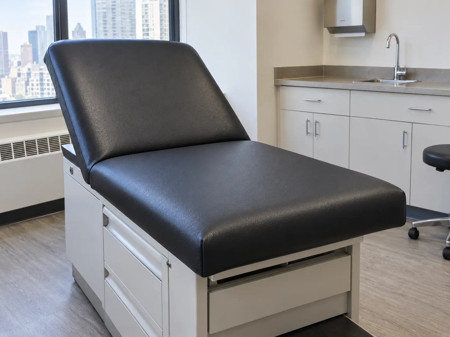 The same black exam table with a new, smooth vinyl top