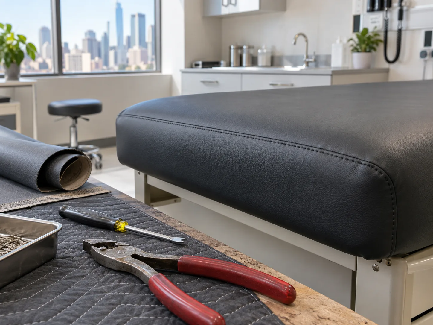 A black exam table pad refitted, with pliers and a staple tray on the bench