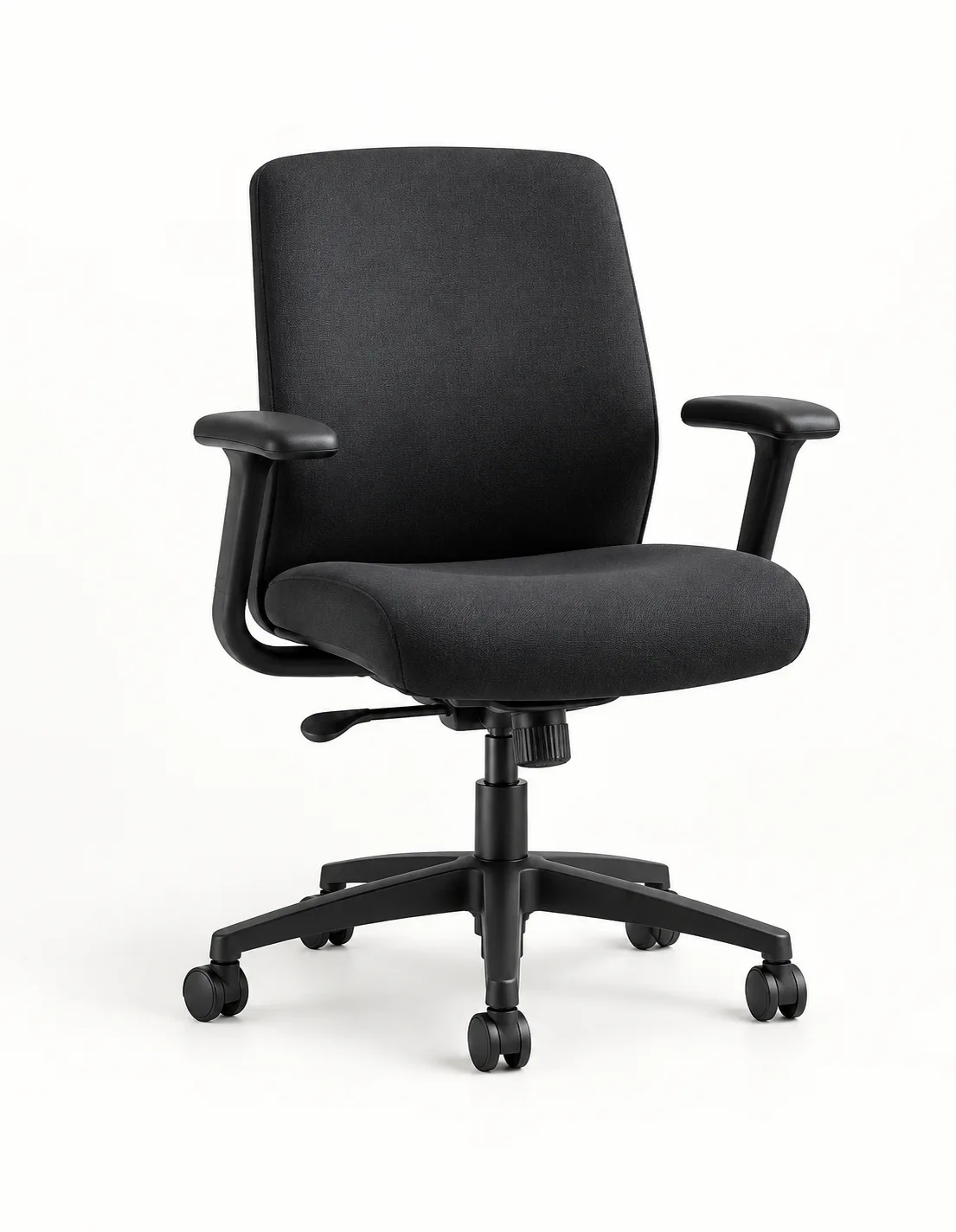 Black fabric task chair with fixed arms