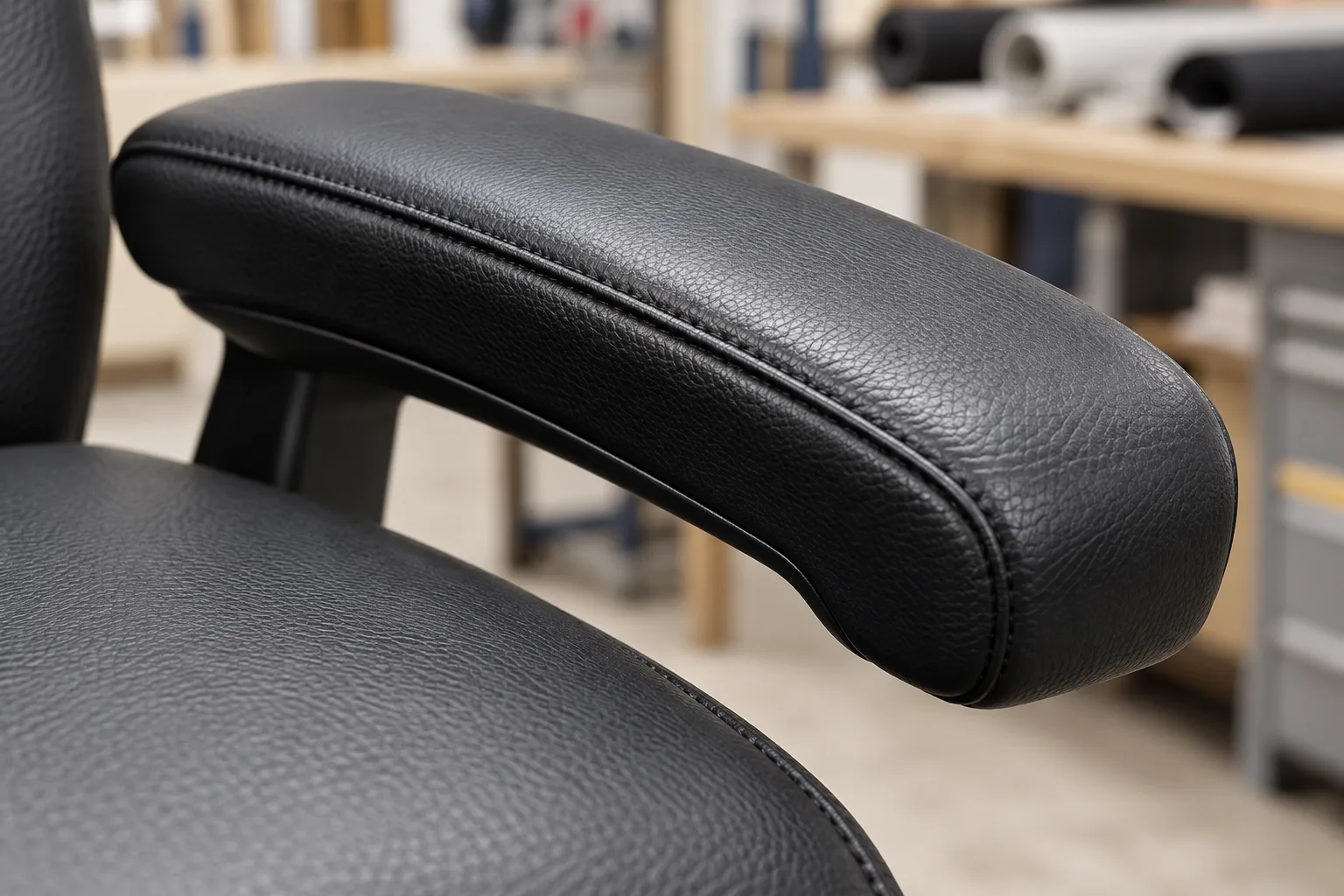 Recovered black leather arm pad on a finished office chair