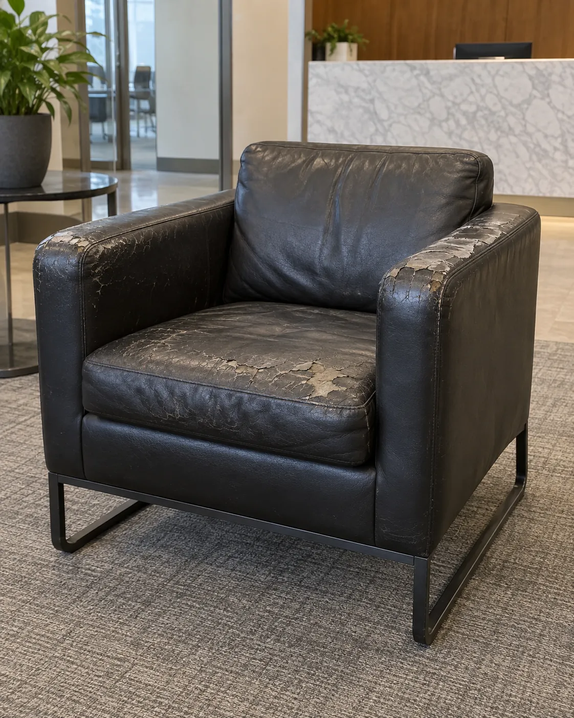 Worn black leather armchair ready for reupholstery