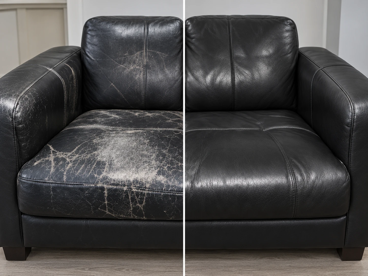 Black leather armchair cracked seat before and after