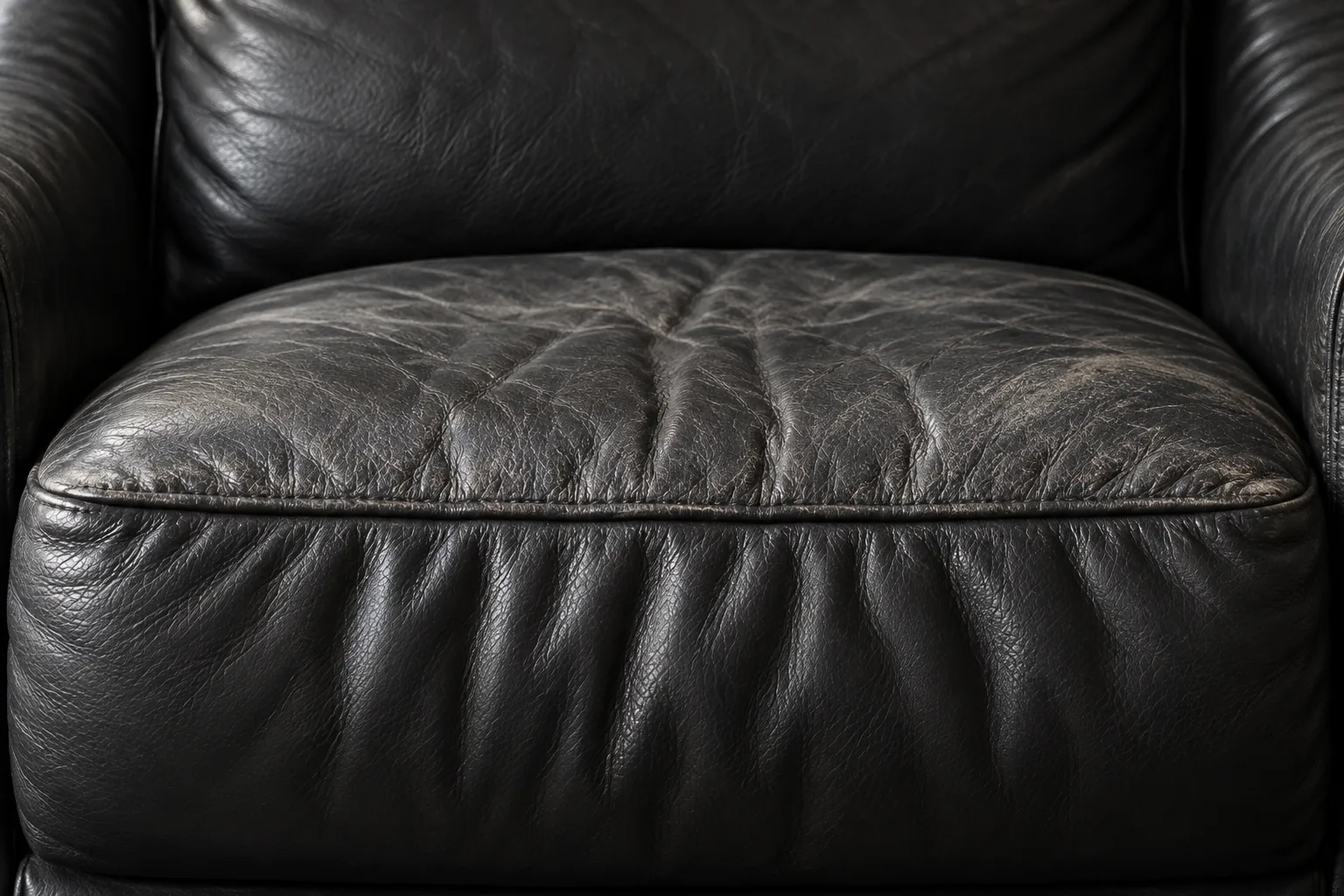 Black leather seat worn and creased