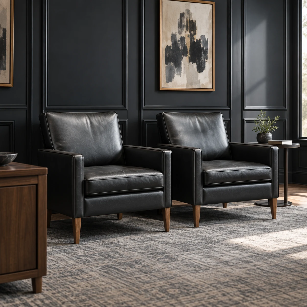 Furniture repair Flushing: two black leather armchairs against a dark paneled wall