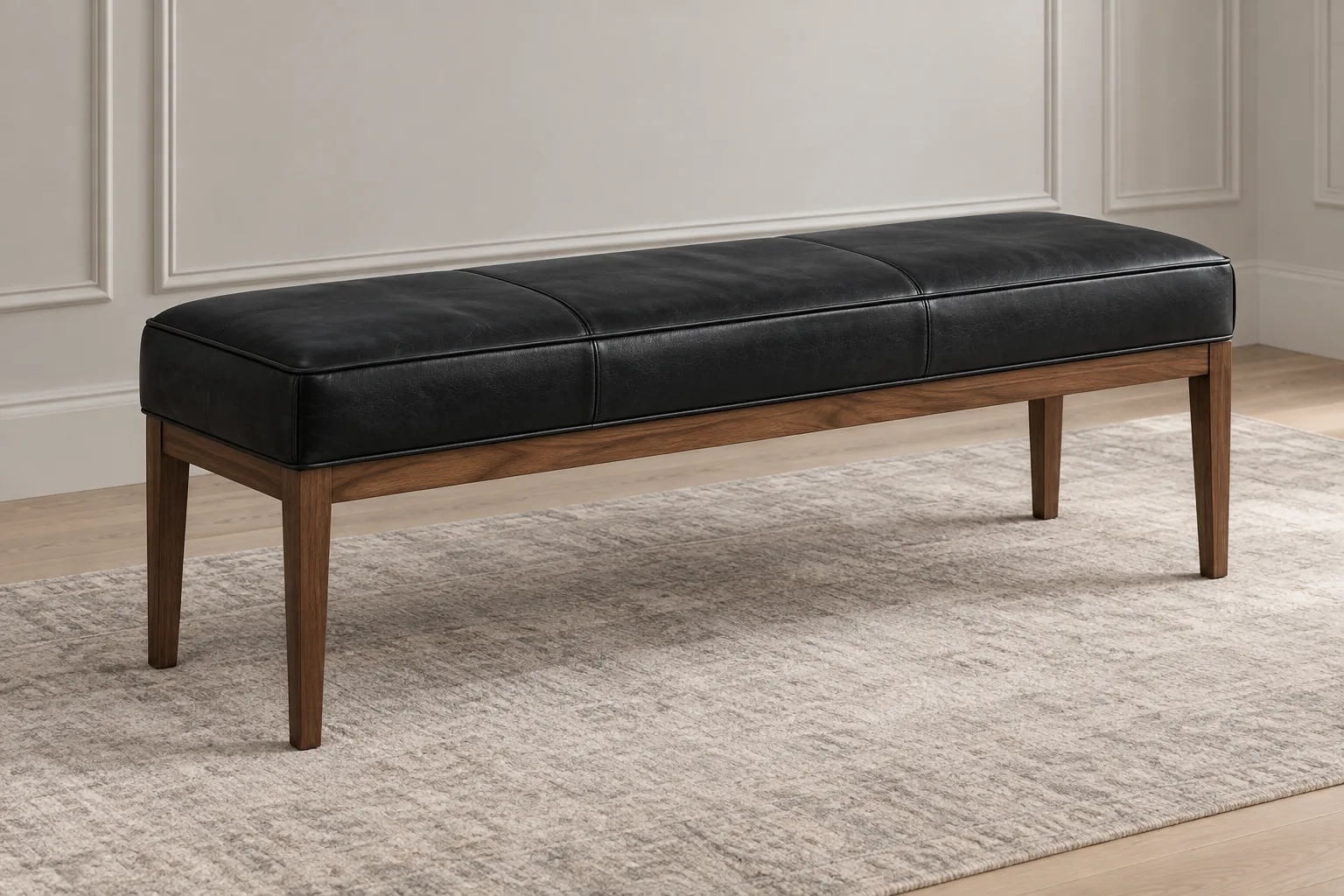 Black leather bench on walnut legs