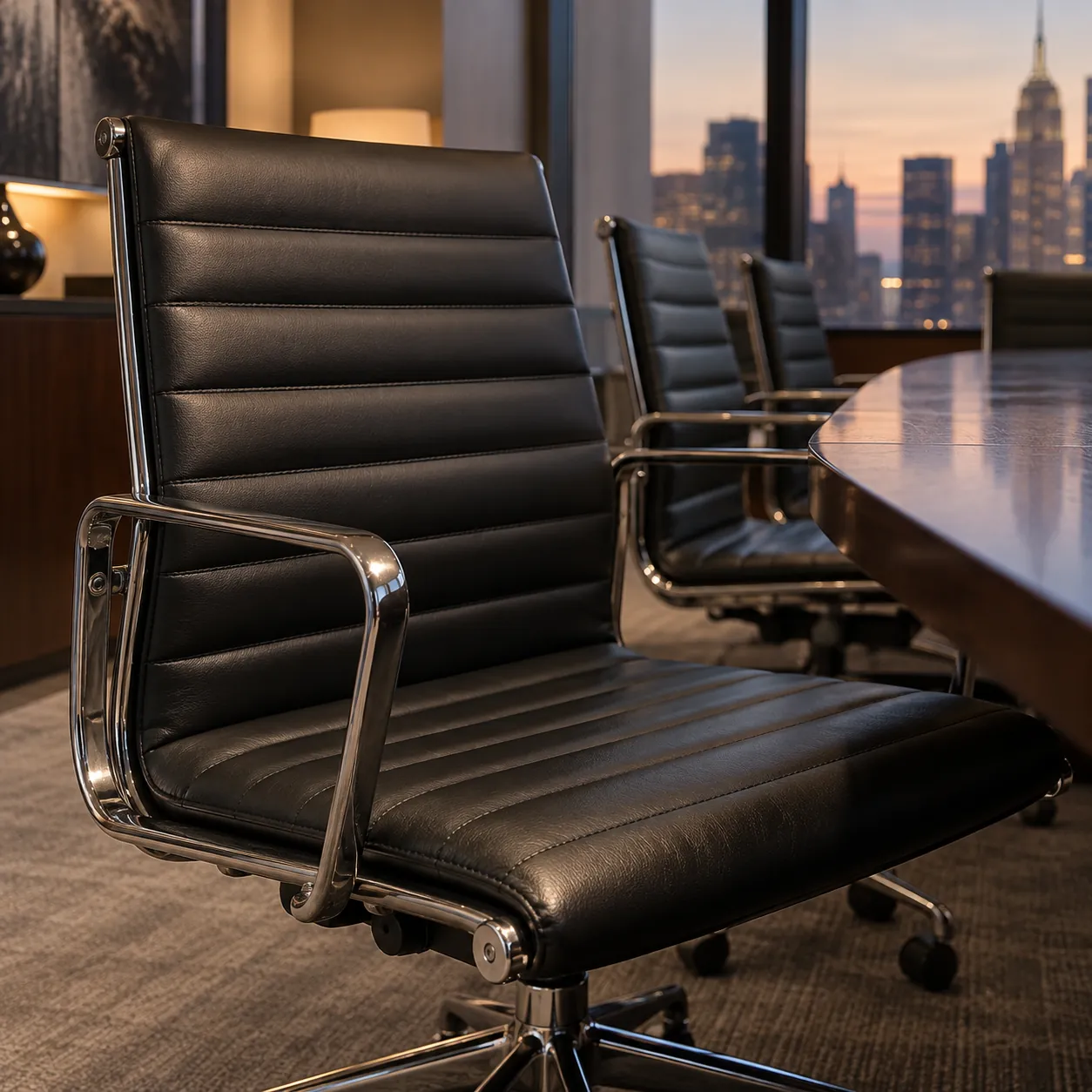 A black leather conference chair with a ribbed back