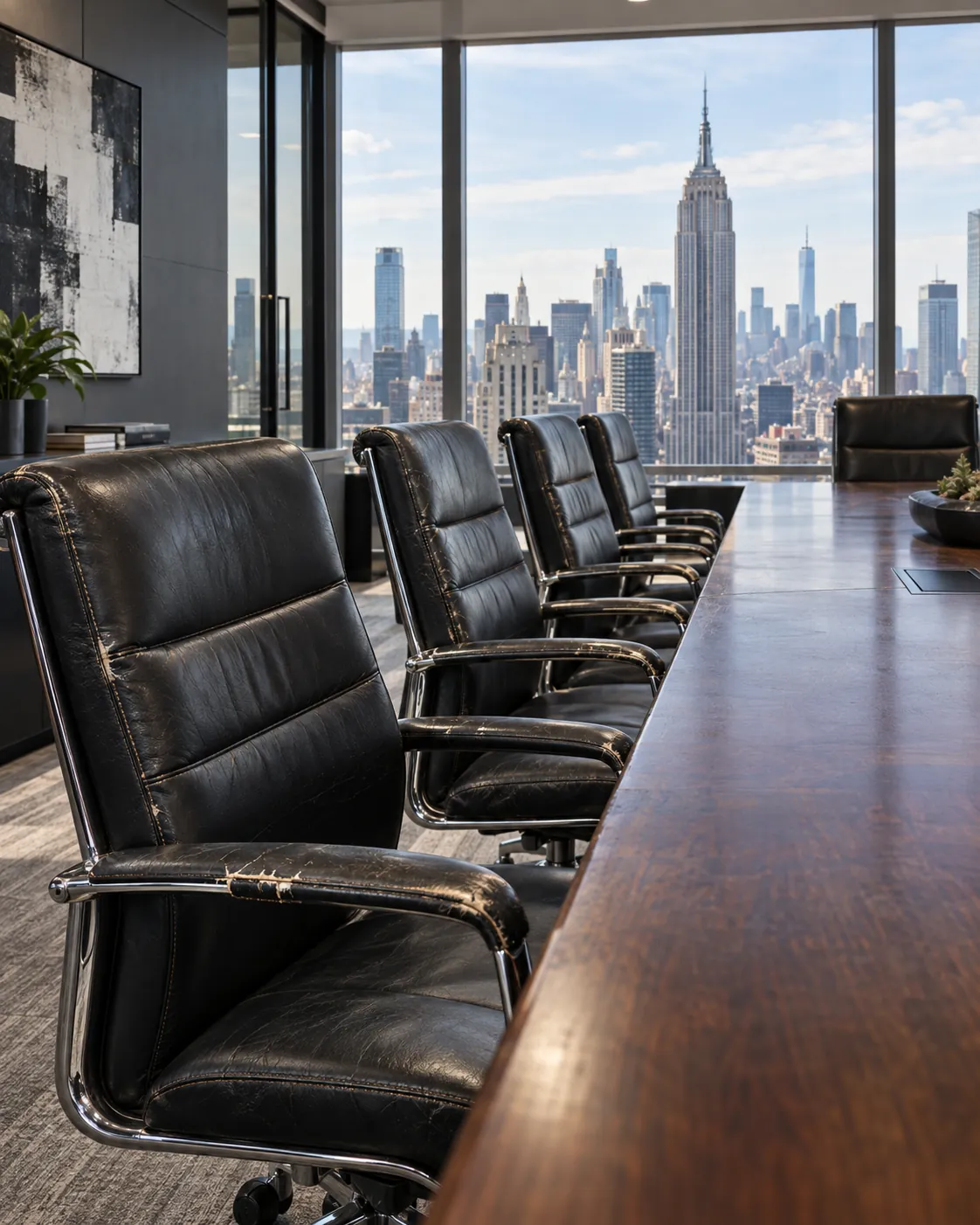 A row of black leather conference chairs along a boardroom table