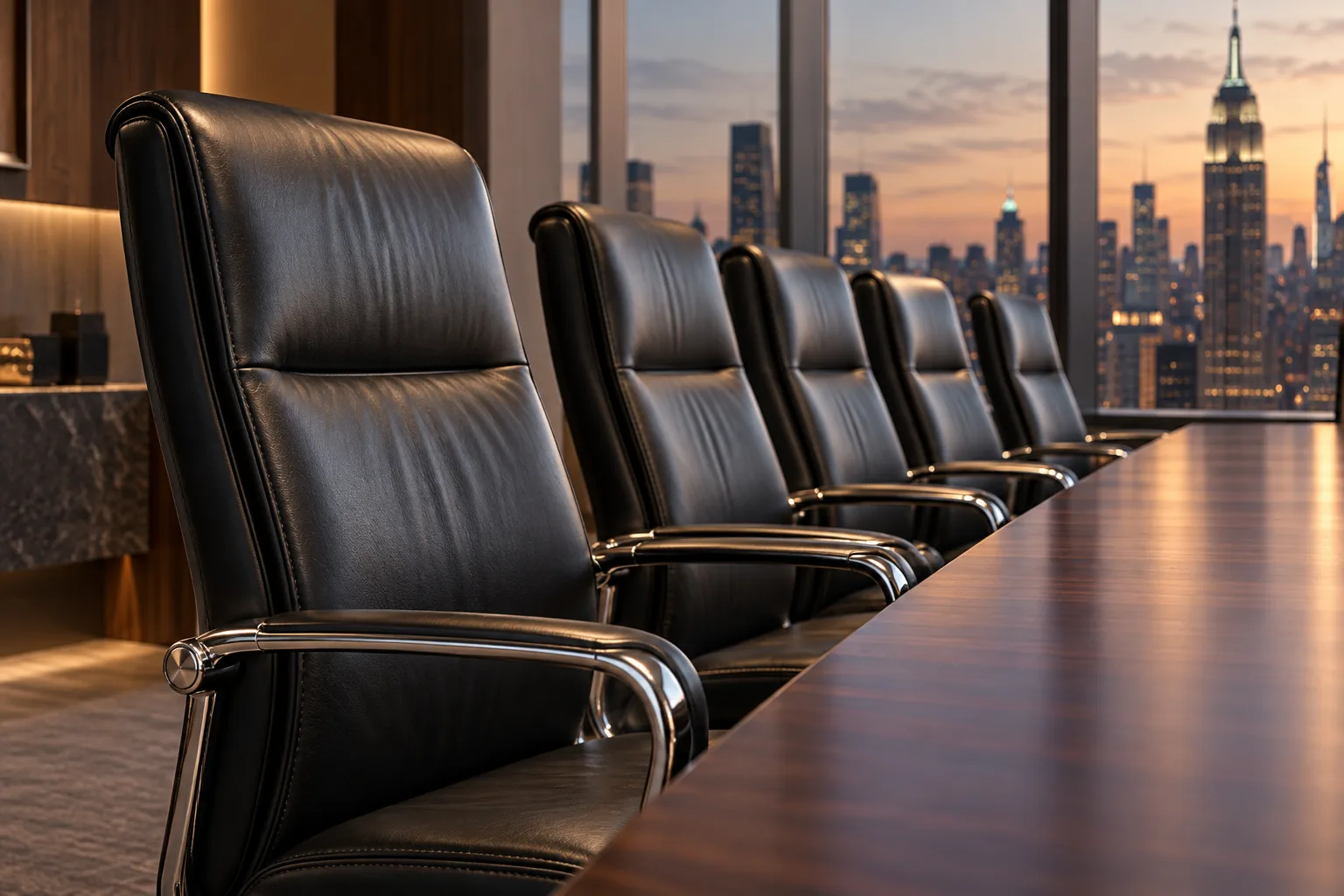 A row of restored black leather conference room chairs beside a boardroom table at dusk